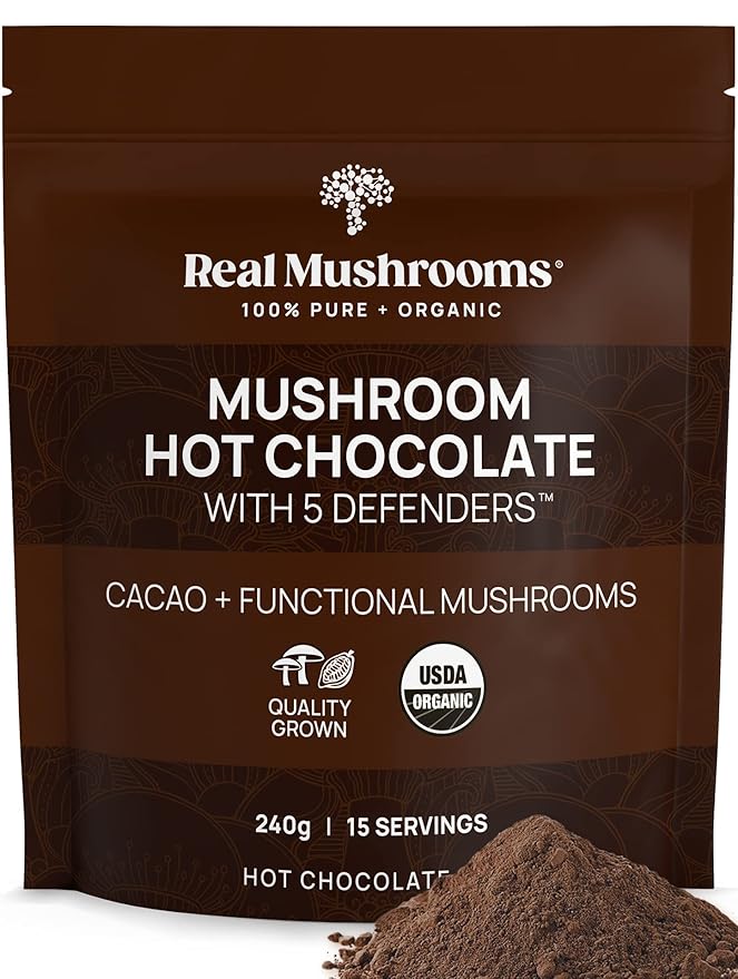 Real Mushrooms Organic Hot Chocolate Mix with Reishi, Turkey Tail, Chaga, Shiitake, Maitake ??Cacao Powder Organic Mushroom??5 Defenders Mushroom Cacao Powder, Vegan, Gluten-Free, 15 Servings