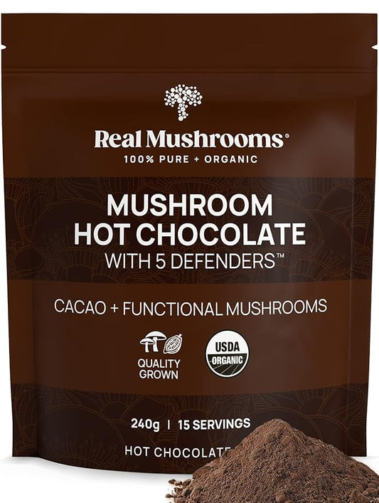Real Mushrooms Organic Hot Chocolate Mix with Reishi, Turkey Tail, Chaga, Shiitake, Maitake ??Cacao Powder Organic Mushroom??5 Defenders Mushroom Cacao Powder, Vegan, Gluten-Free, 15 Servings