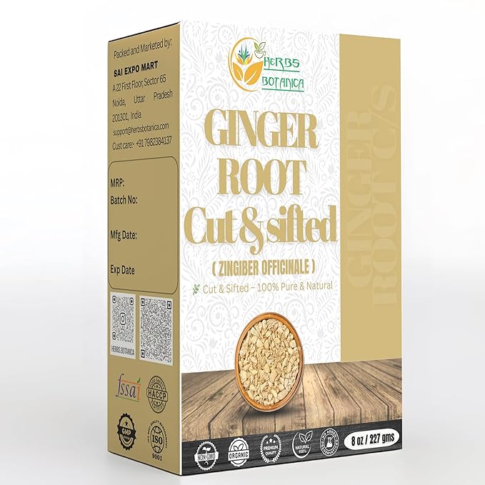 Herbs Botanica Dried Ginger Root Cut And Sifted for Teas, Tinctures and Infused oils. | Flavour India Spice, Food Grade, Non Irradiated, NON GMO | 1/2 Lb or 8 oz