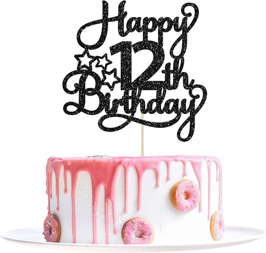 1 Pack Happy 12th Birthday Cake Topper Glitter Heart Star 12 Fabulous Cake Pick Birthday Sign Cake Decorations for Children 12th Birthday Theme Party Supplies Black