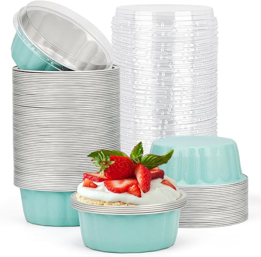 Beasea Disposable Ramekins 8oz, 100 Pack Aluminum Foil Cups with Lids Lake Blue, Disposable Creme Brulee Muffin Cupcake Baking Cup Mini Pudding Cups for Party Wedding Birthday