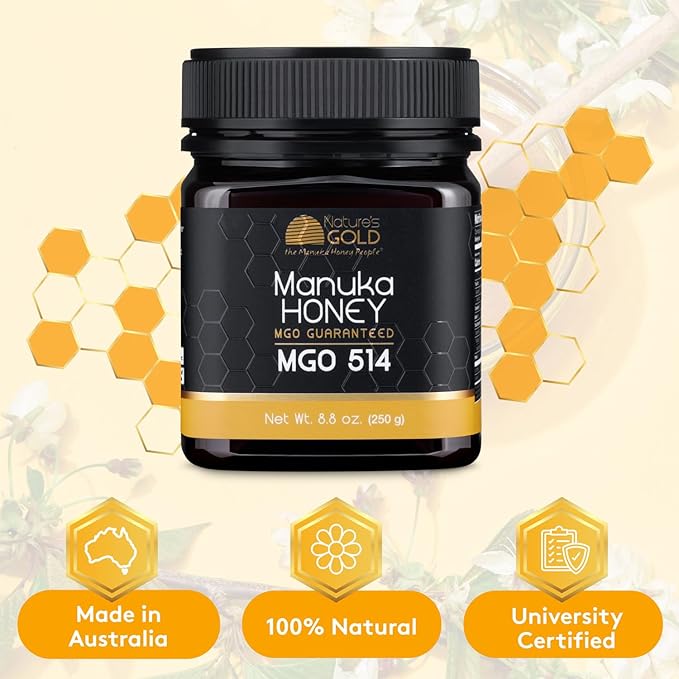 Nature’s Gold Raw Manuka Honey, MGO 514+ | Authentic MGO, Australian Honey, Non-GMO, 100% Pure Genuine Traceable from Hive to Home