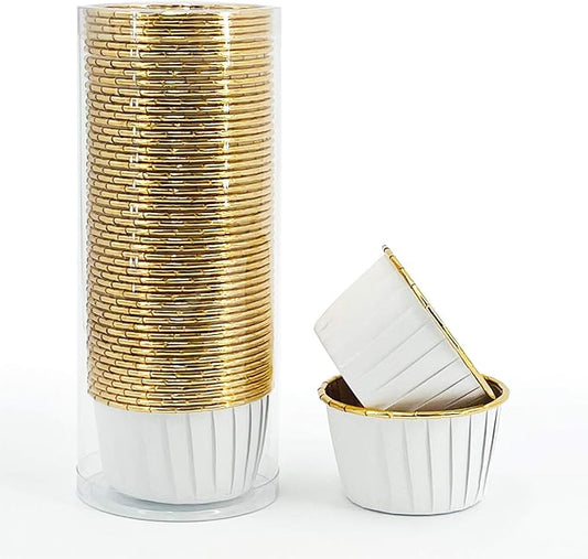 Party Hippo Cupcake Cups, 3.5 Oz 50 pcs Disposable Foil Muffin Liners, Gold Baking Cups, Ramekin Aluminum Cupcake Tip Pan Ramekin Holders, Little Baking Cups (White)