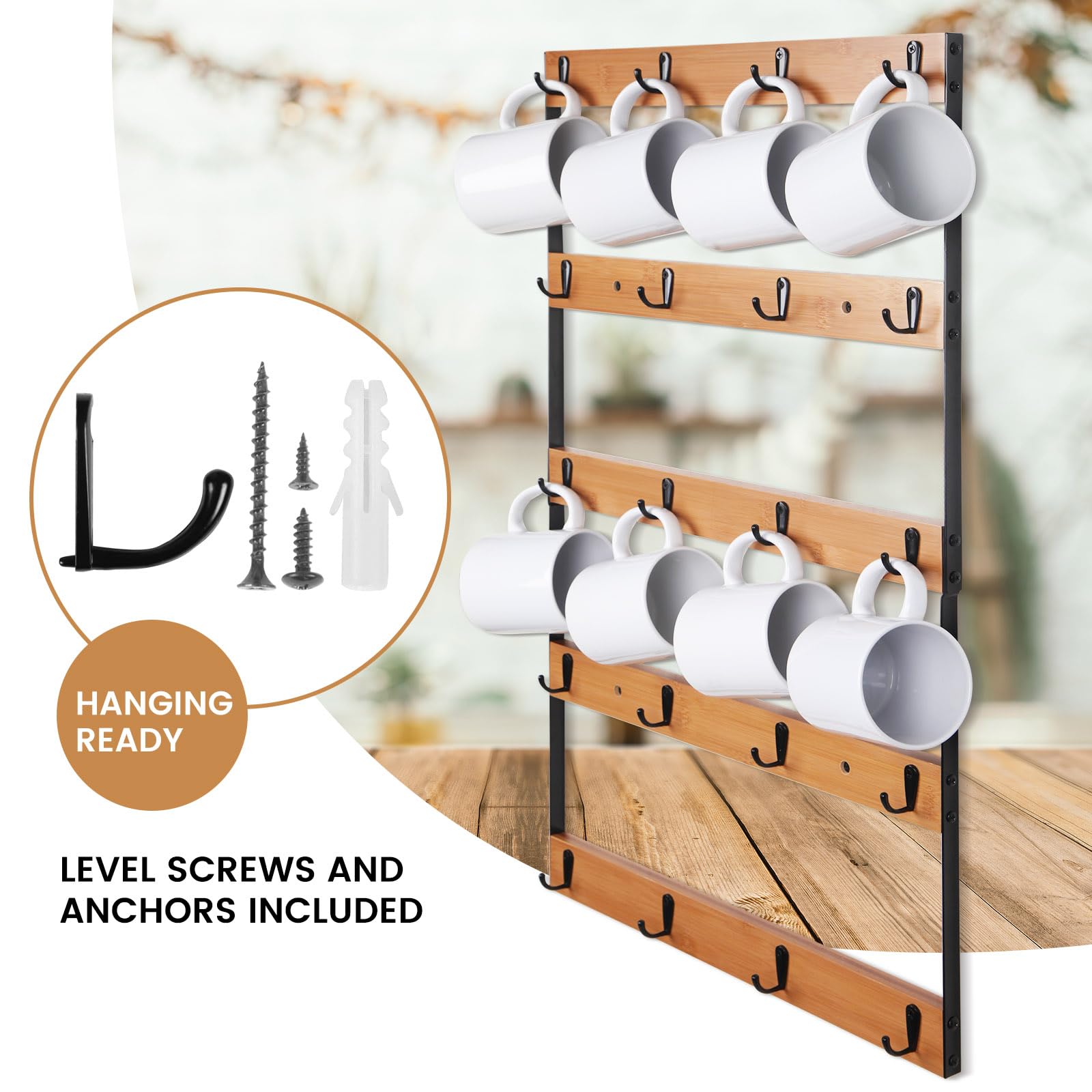 Aomomery Wall Mounted Coffee Mug Holder, Large 5 Tier Shelf with 20 Hooks for Cups, Rustic Wooden