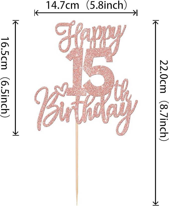 1 PCS Happy 15th Birthday Cake Topper Glitter Cheers to 15 Years Birthday Cake Pick Sweet 15 Fabulous Cake Decorations for Happy 15th Birthday Anniversary Theme Party Supplies Rose Gold