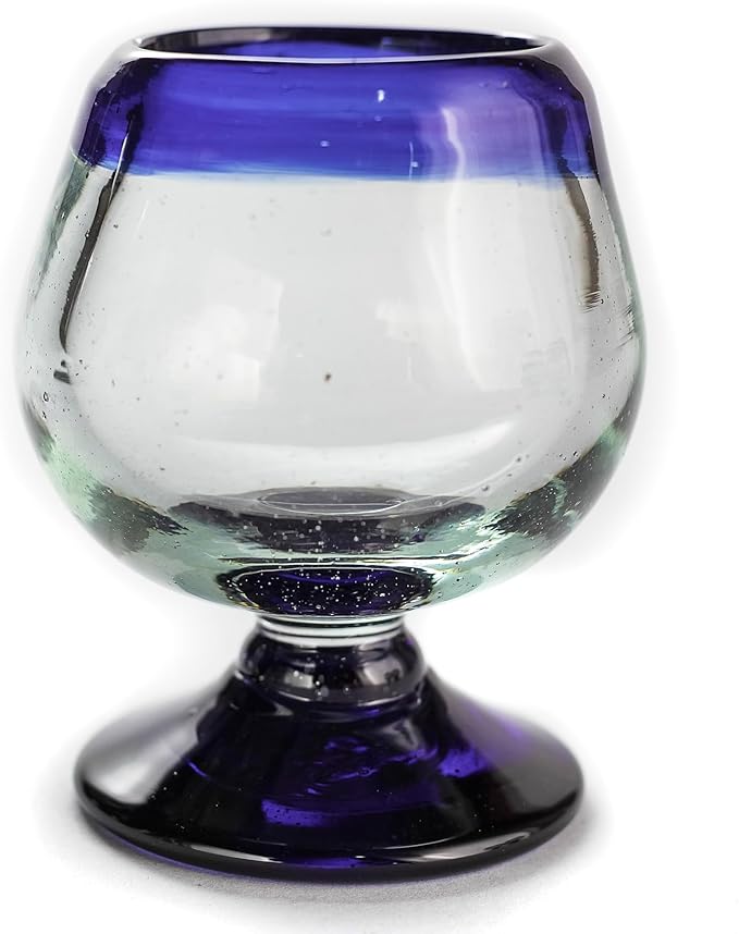 Authentic Mexican Tequila Hand Blown Shot Glasses - Set of 4-2 oz - Mini Glass Snifters - Heavy Base - Cognac (Cobalt Blue Rim)