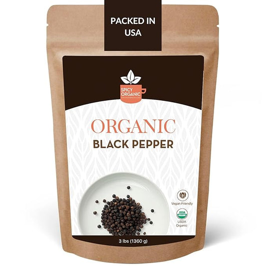 SPICY ORGANIC Whole Black Pepper - 3 lb. - Fresh and Aromatic Peppercorns, Perfect for Grinder Refill and Seasoning, USDA Certified Organic, Gluten-Free, Non-GMO Spice