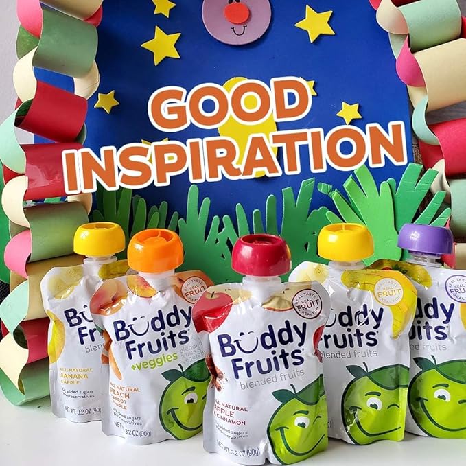 Buddy Fruits & Veggies Snacks To Go Peach Carrot Unsweetened Applesauce 3.2oz Pouch (18pk) Gluten-Nut-Dairy-Preservatives-BPA Free, Non GMO, Kosher