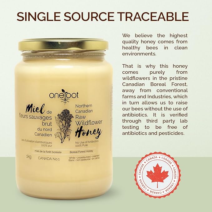Oneroot 100% Canadian Flower Honey - 1kg / 2.2lbs, Honey Wildflower Unfiltered, Unheated & Creamed, Nutrient Rich Raw Wildflower With Enzymes, Thick Natural Sweetener