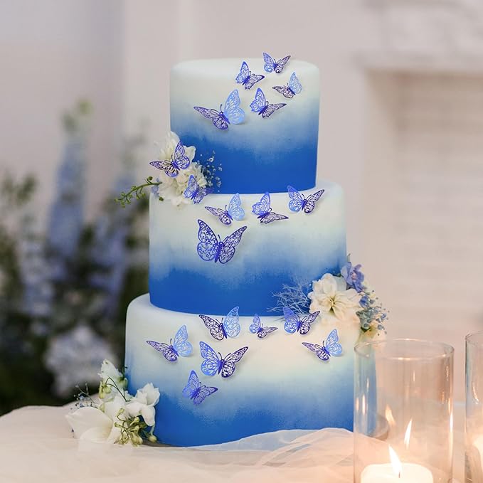 72 Pcs Butterfly Decorations - 3 Sizes, 3 Styles, 3D Wall Decor, Party & Birthday Decor, Blue