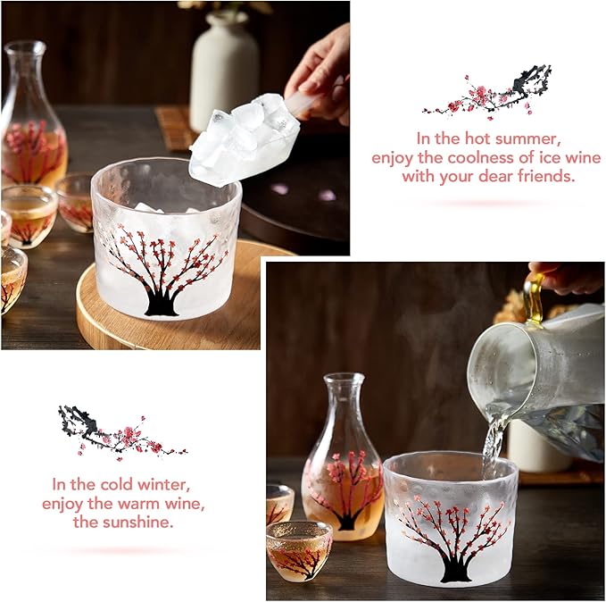 DUJUST Japanese Sake Set for 4, Handcraft Pink Cherry Blossoms Design, 1 Sake Bottle, 1 Sake Tank and 4 Sake Cups, Cold/Warm/Hot Sake Carafe, Special Japanese Gifts Set - 6 pcs