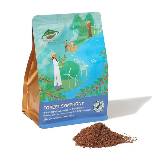 Conihat Ground Coffee - Vietnamese Premium Arabica & Robusta Blend, Dark Roast, Dark Roast, Dark Chocolate & Roasted Nut Notes, Bold & Long Aftertaste, Low Acid, Single Origin, Hand-Picked, 8.8 Oz Bag