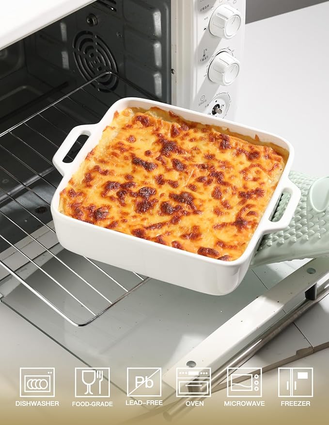 Sweejar 8x8 Baking Pan,Ceramic Casserole Dishes for Oven with Double Handlesï¼? QT Square Cake Baking Dish for Brownie,Lasagna,Casseroles,Family Dinner(White)