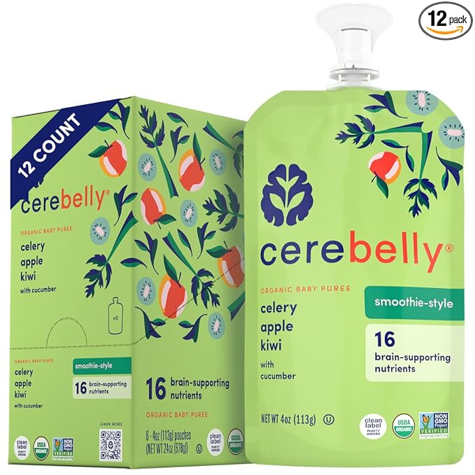 Cerebelly Organic Baby Food Pouches ??Dairy Free Smoothies for Toddlers | No Added Sugar, Fiber, Non-GMO | Toddler Smoothie Pouches | 4oz BPA-Free Baby Food | Celery Apple Kiwi | 12 Count