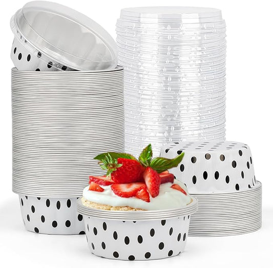 Beasea Disposable Ramekins with Lids, 8oz 100 Pack Black Dot in White Aluminum Foil Cups Disposable Creme Brulee Muffin Cupcake Baking Cup Mini Pudding Cups for Party Wedding Birthday