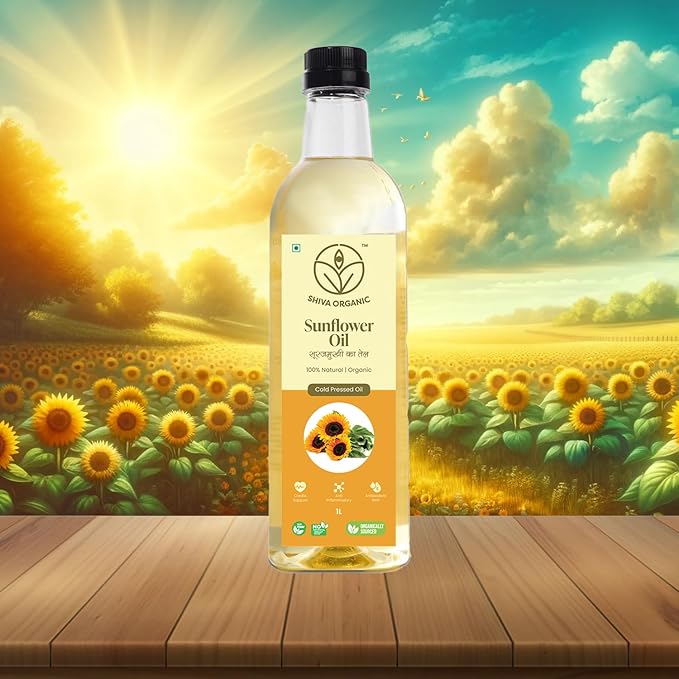 Shiva Organic Cold-Pressed Sunflower Oil - 100% Natural, 1L (33.8 fl oz)) for Cooking and Health