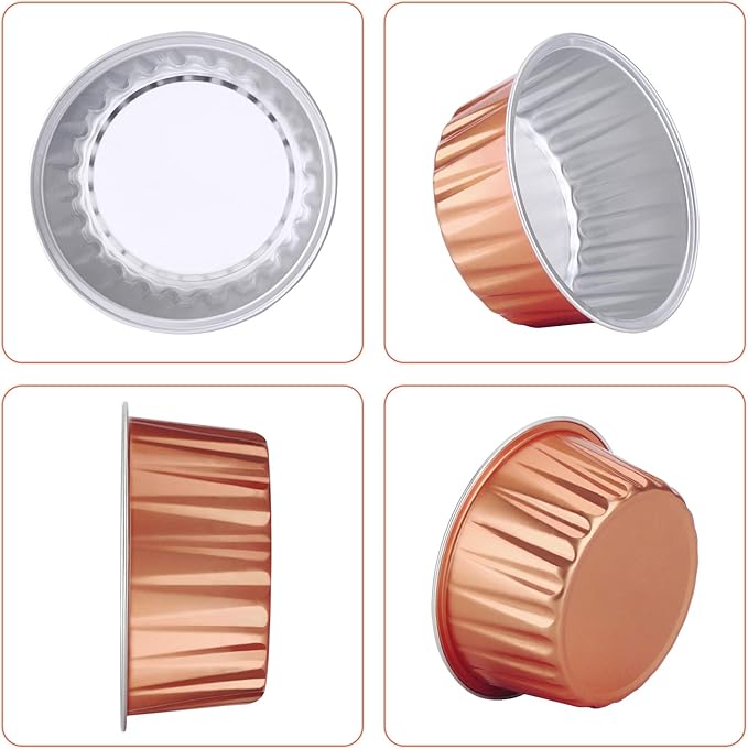 EUSOAR Disposable Foil Ramekins with Lids, 60pcs 5oz Cupcake Liners Aluminum Foil Baking Dessert Cups, Mini Muffin Creme Brulee Ramekins Cheesecake Pan for Catering Wedding Party Favor-Rose Gold