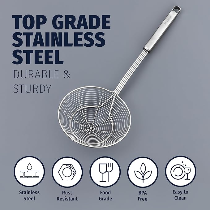 Zulay Kitchen Premium Stainless Steel Spider Skimmer 15.4??- Spider Kitchen Utensil with Premium Ergonomic Handles for Easy Use - Easy to Clean - Perfect for at Home Cooks & Chefs