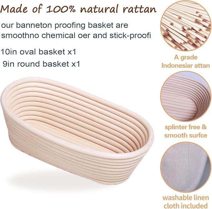 Banneton Bread Proofing Basket Set of 2, 9 inch Round and 10 in Oval, Sourdough Bread Baking Supplies, Bread Making Starter Kit, Proofing Baskets for Baking, Perfect Baker's Gift Set