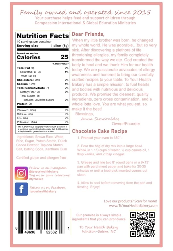 To Your Health Bakery Gluten Free (GF) Chocolate Cake Mix- Organic, Non-GMO, Top 8 Allergen Free
