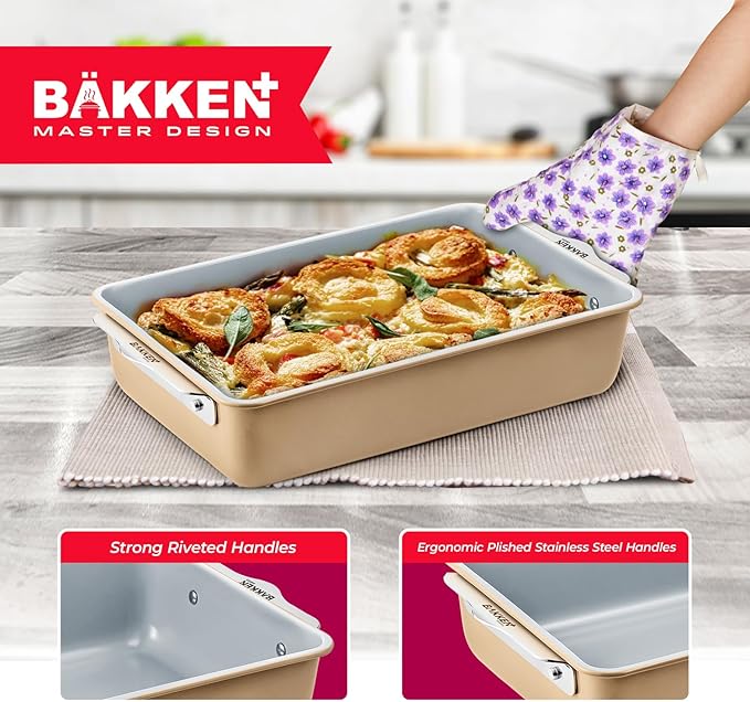 Bakken 8-Piece Stackable Bakeware Set - Ceramic Non-Stick Coating, Baking Sheets, Assorted Baking Pans, PTFE, PFOA & PFOS Free - Healthy Baking, Ergonomic Handles, Cooling Rack, Non-Toxic, Oven-Safe