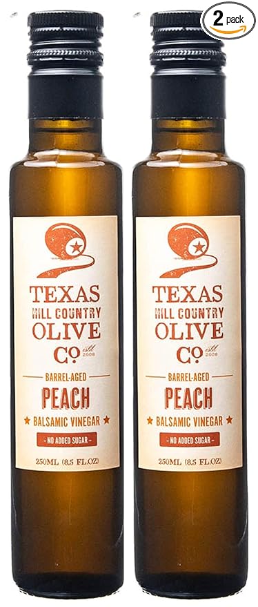 Peach Balsamic Vinegar - Gourmet Barrel Aged Infused Balsamic Vinegar - Great for Dressing Dipping Glazing - No Artificial Flavors or Added Sugar - Made in Texas (8.5 oz, 2 Pack)