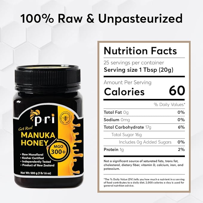 P.R.I Manuka Honey, MGO 300+, 1.1LB New Zealand Raw Manuka Honey (500g)