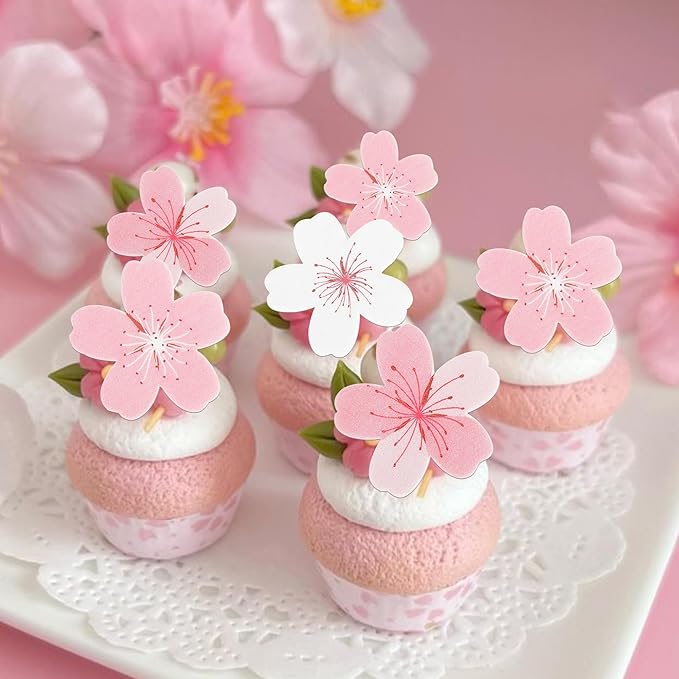 Rsstarxi 60 Pack Edible Cherry Blossoms Cupcake Toppers Rice Paper Cherry Blossoms Flowers Cupcake Picks for Baby Shower Wedding Birthday Party Cake Decorations Supplies