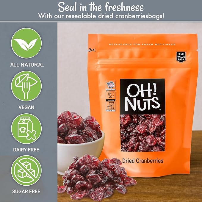 Oh! Nuts Dried Cranberries - 2 lb - Sweetened Dried Fruit - Packed in New York Zip-Seal Bag for Exceptional Freshness