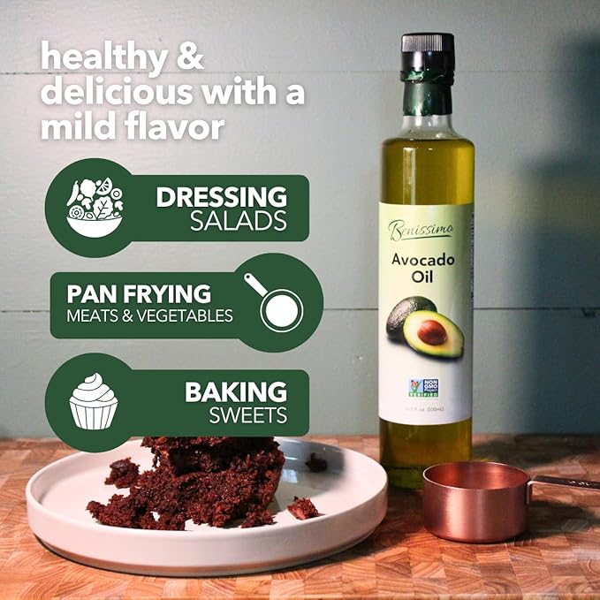 100% Pure Avocado Oil in Glass Bottle, Allergen-Free and Non-GMO, Premium Cold-Pressed Cooking Oil for Saut챕ing, Baking, Grilling, and Salad Dressings, 8.45 fl oz