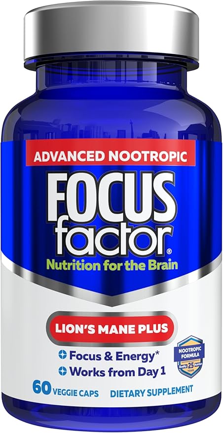 Focus Factor Lions Mane Plus, Advanced Nootropic with L-Theanine, Caffeine, Focus and Energy (60