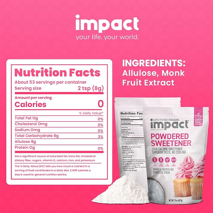 Impact Powdered Sweetener - Allulose, White Monk Fruit Blend ??Zero Calorie and Carb, Keto-Friendly, Guilt-Free Substitute for Baking & Cooking - 0.94 lbs