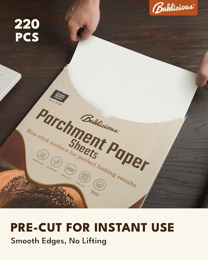 220 Pcs 12x16 In Parchment Paper Sheets, Baklicious Pre-cut Non-Stick Parchment Baking Paper for Air Fryer, Oven, Bakeware, Steaming, Cooking Bread, Cupcake, Meat, Cookies