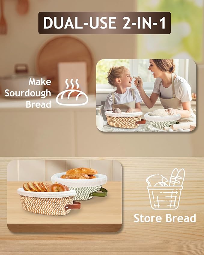 Banneton Bread Proofing Basket Set,Cotton Rope Sourdough Banneton Basket Oval Round, 10 inch Sourdough Bread Baking Supplies with 4 Liners, Handmade Proofing Bowls for Artisan Bakers Starter