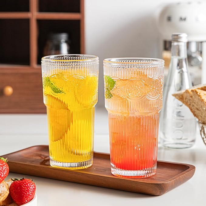 INSETLAN 20oz Ribbed & Floral Glasses Drinking Set of 6- Clear Glass Tumbler, Reusable Glass Cups for Iced Coffee, Water, Beer, Smoothies, Tea, and Juice ??Perfect for Party and Daily Use
