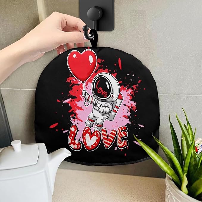 Valentine's Day Tea Cozy for Teapot Insulated Love Astronaut Large Teapot Cover to Keep Warm Tea Kettle Cover Machine Washable Coffee Pot Cloth Covers Kitchen Home Decorations