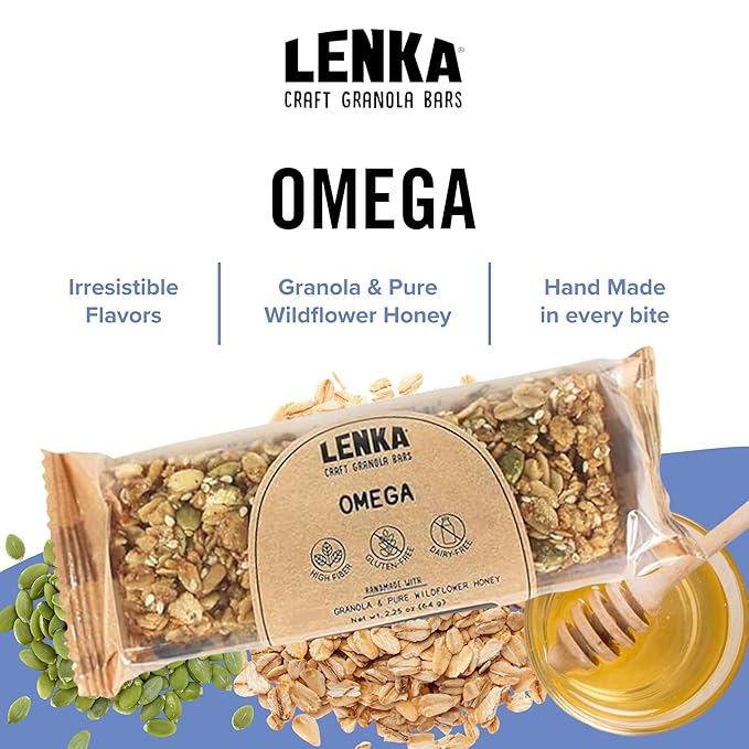 Lenka Bars - Omega Snack Bars, Gluten Free, High Fiber, Kosher, Wholesome, No Artificial Flavors, Individually Wrapped - 12 Pack