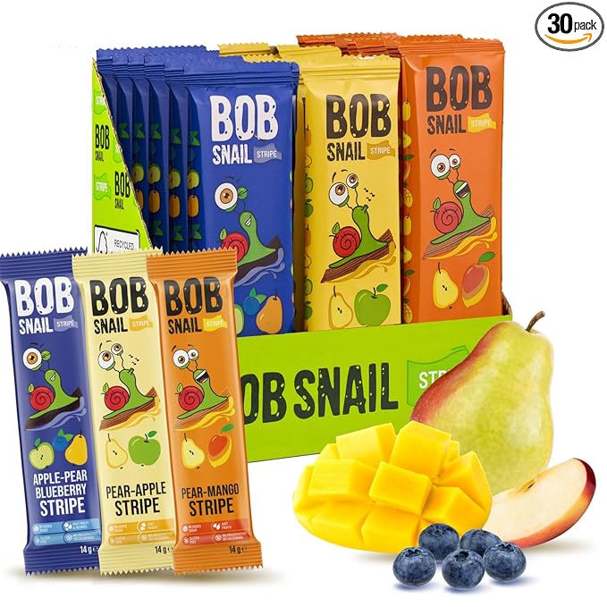 BOB SNAIL Healthy Organic Fruit Snacks for Kids and Adults ??30 Organic Fruit Leather Snacks with Pear & Apple, Blueberry, Mango ??Vegan Low-Carb Variety Pack Strips for Kids ??Sugar Free Jerky Bars