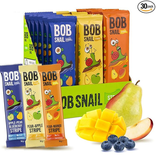 BOB SNAIL Healthy Organic Fruit Snacks for Kids and Adults ??30 Organic Fruit Leather Snacks with Pear & Apple, Blueberry, Mango ??Vegan Low-Carb Variety Pack Strips for Kids ??Sugar Free Jerky Bars