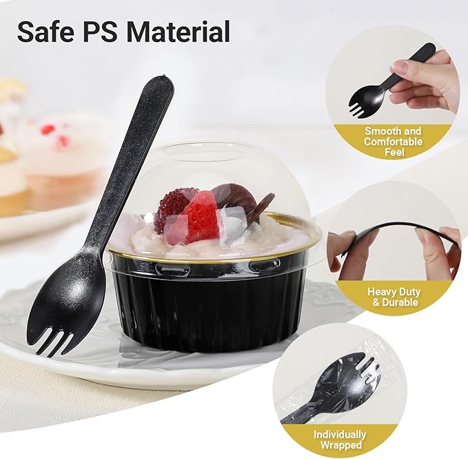 EUSOAR Disposable Ramekins and Individually Wrapped Spoons, 120pcs 5oz Cupcake Liners and Plastic Sporks, Aluminum Foil Baking Cups Mini Cake Pans Ramekins with Lids for Party Wedding Birthday Picnic