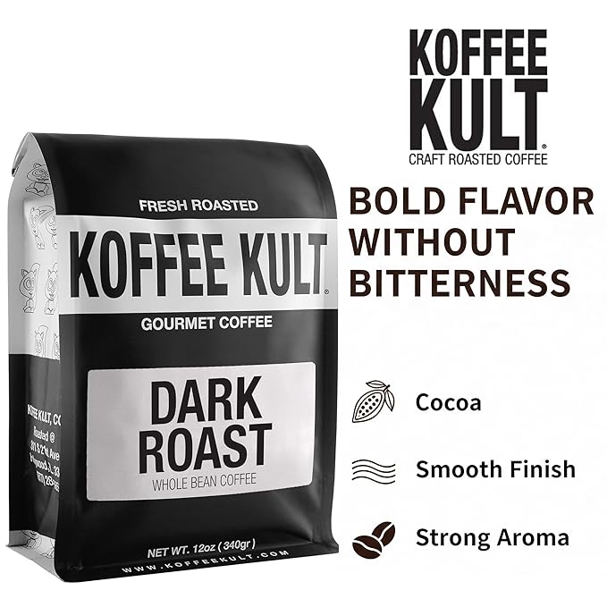Koffee Kult Dark Roast Coffee Beans - Rich & Bold with Chocolate & Cinnamon Notes, Smooth Finish 100% Arabica, Ethically Sourced Resealable 12oz package