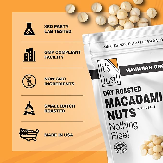 It's Just - Hawaiian Macadamia Nuts (1.5lbs), Small Batch Dry Roasted in USA, Lightly Salted, Keto Friendly, Resealable Bag, 24oz