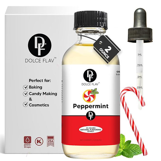 Dolce Flav Natural Peppermint Extract ??2 Ounce Oil-Soluble Kosher, Sugar-Free, Concentrated Pure Mint Flavor for Hard Candy, Chocolates & Baking, Includes Measured Dropper