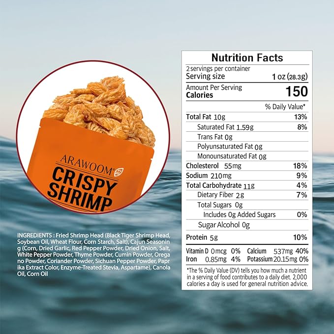 ARAWOOM - 100% Real Black Tiger Shrimp Head Crisps, Cajun Pack [2oz, Pack of 1], Crispy Seafood Snack, High-Protein Crunch, Crunchy On-the-Go Treat