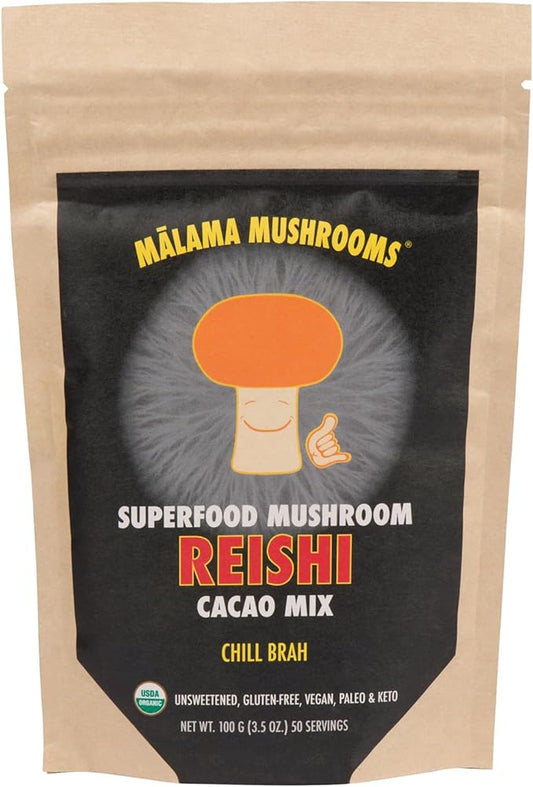 Malama Organic Mushroom Hot Cacao Mix, Reishi Mushroom Powder with Fair Trade Cacao for Immune