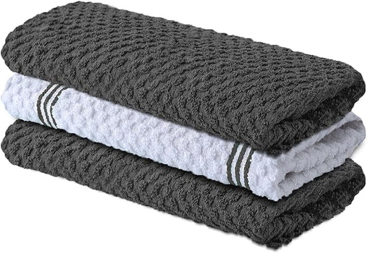 Infinitee Xclusives Premium Kitchen Towels ??Pack of 3, 100% Cotton |15 x 25| Inches Absorbent Dish Towels - Terry Kitchen Dishcloth Towels - Grey Dish Cloth for Household Cleaning