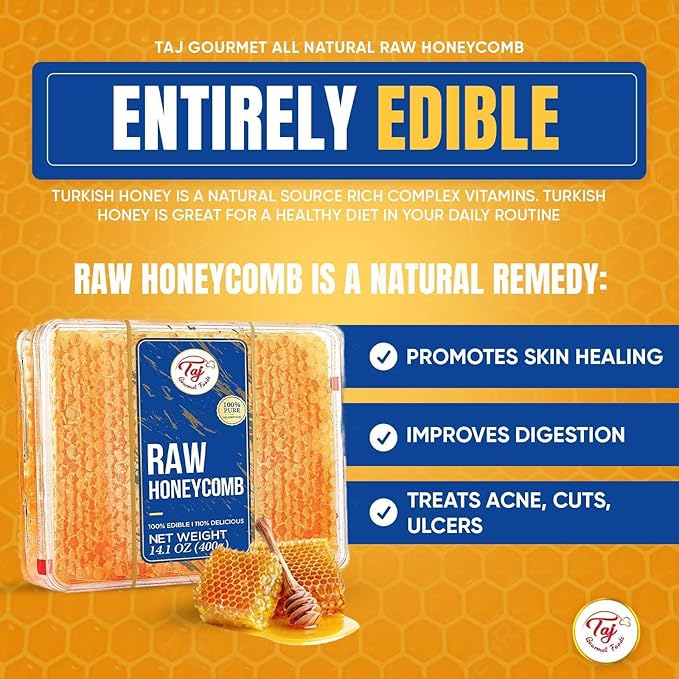 Great Bazaar All natural Raw Honeycomb 100% Honey Pure Turkish Raw Honey Comb - Honey Combs Raw Edible - Honey With Honeycomb 400g (14.10oz)