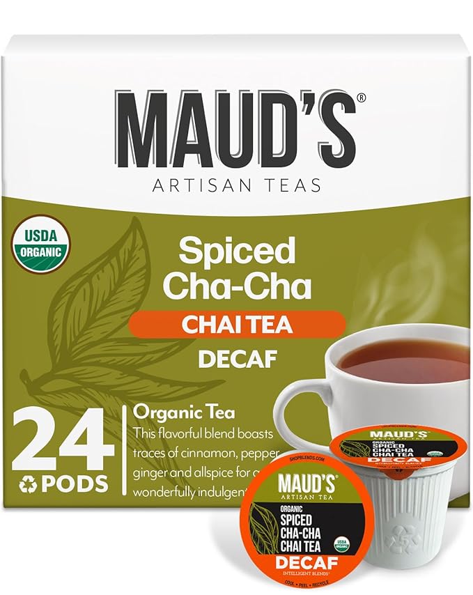 Maud's Organic Decaf Chai Tea Pods, 24 ct, Recyclable Single Serve Tea Pods ??100% Gourmet Blended Tea Leaves, Compatible with Keurig K Cups Maker