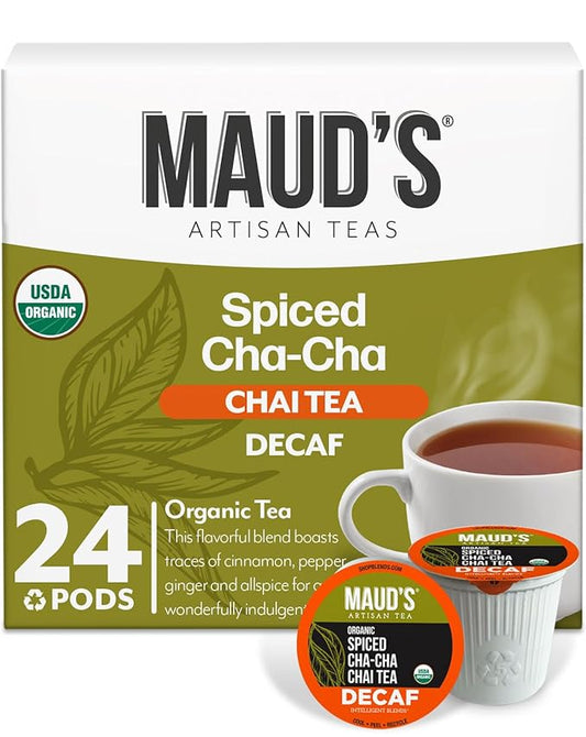 Maud's Organic Decaf Chai Tea Pods, 24 ct, Recyclable Single Serve Tea Pods ??100% Gourmet Blended Tea Leaves, Compatible with Keurig K Cups Maker