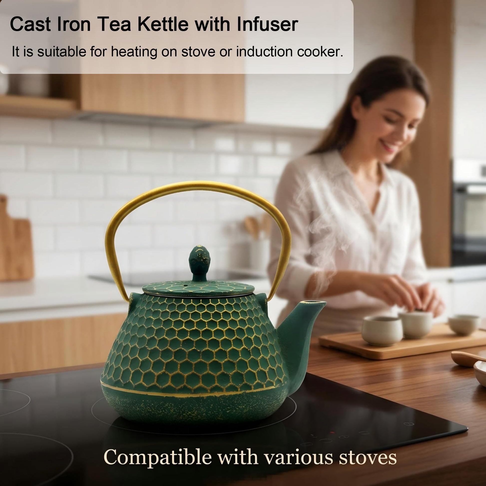 Cast Iron Tea Kettle, Japanese Tetsubin Teapot Coated with Enameled Interior, Durable Cast Iron